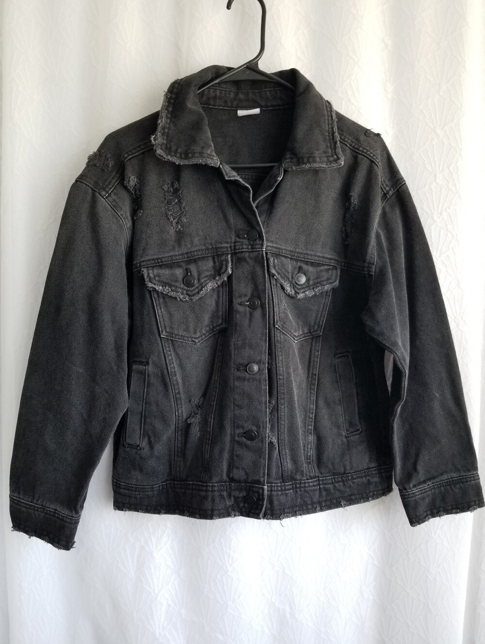 Distressed Washed Black Denim Jacket Grunge Trucker S